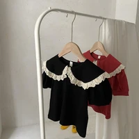 2021 girls summer blouse korean style childrens short sleeve linen cotton t shirt fashion toddler girls red black blouses tops