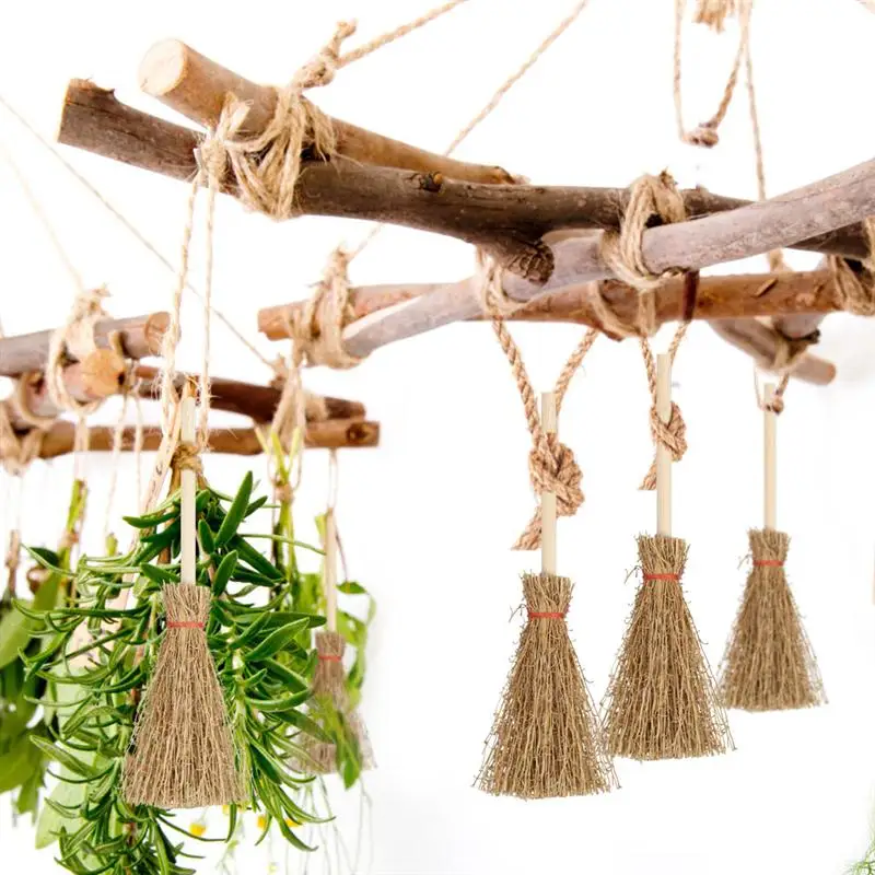 

45 pcs Mini Broom Costume Hangings Decorations Toys with Red Rope Straw Broom Wizard Accessory for Halloween Party