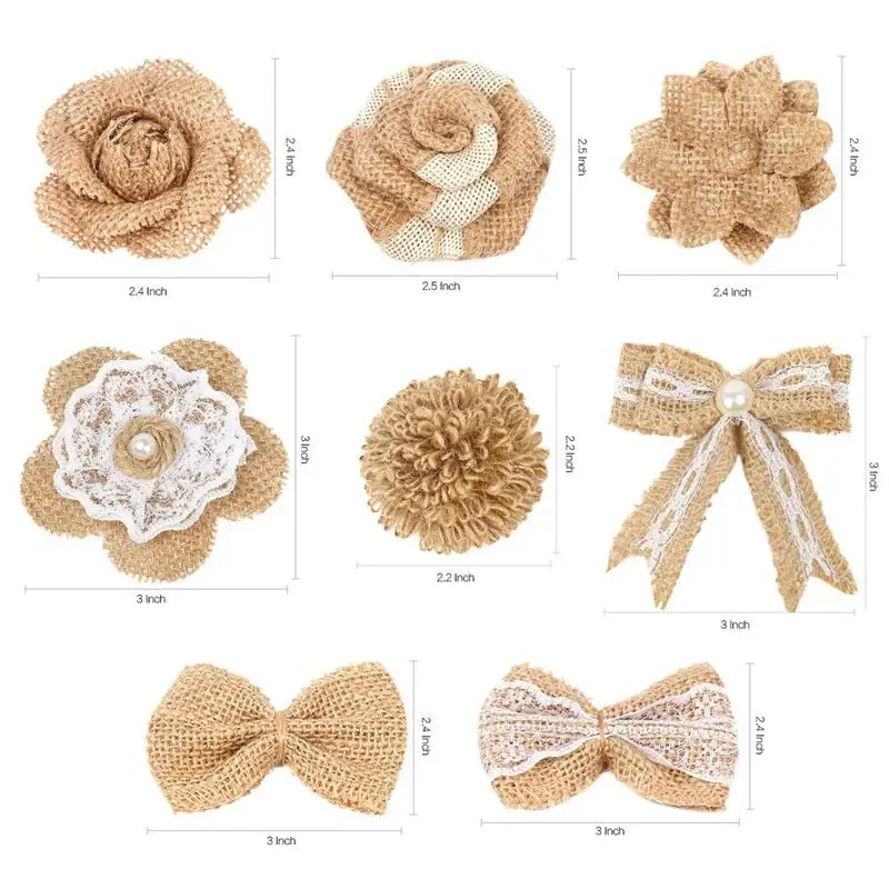 24Pcs Burlap Flowers 8 Styles Natural Handmade Rustic Rose Flower Bowknot With Faux Pearls For Diy Craft Bouquets Hom | Дом и сад