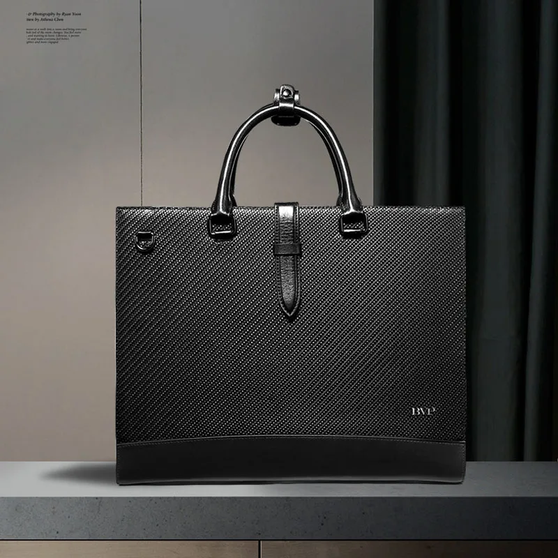 Мужской деловой портфель BVP черный из натуральной кожи подходит для ноутбука 14