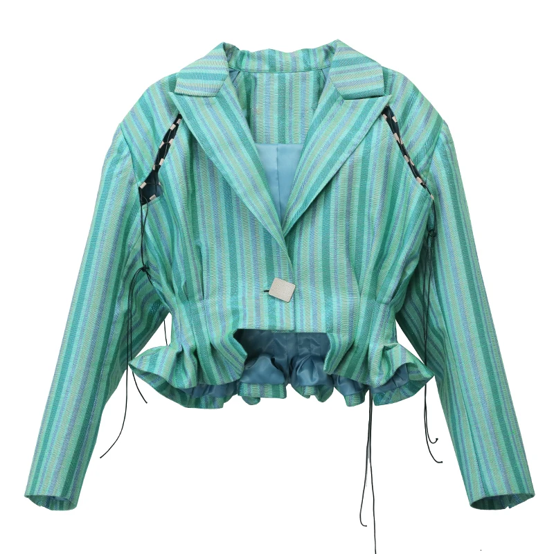 Куртка с отложным воротником и длинными рукавами DEAT в полоску высокой талией