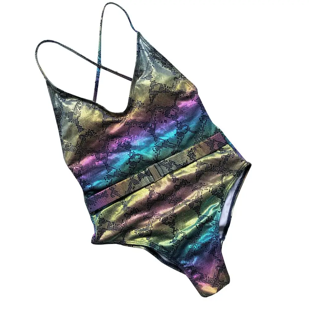 

Women Sexy Summer Solid Color Padded Belt V Neck Back Bandage Monokini Swimsuit