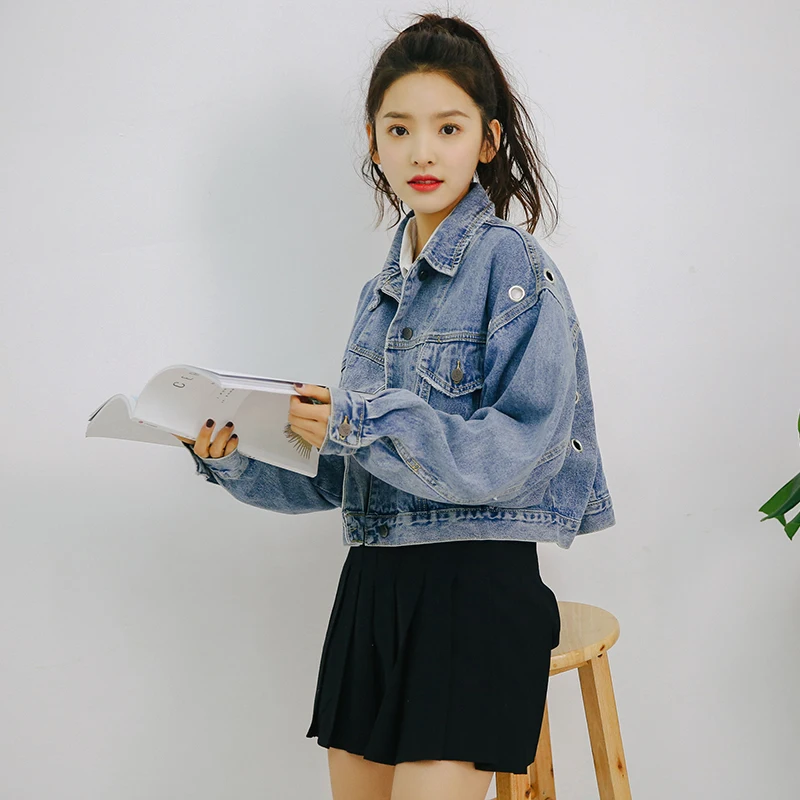 

New Autumn Spring Women Hollow Out Turn Down Collar Single Breasted Denim Outerwear Female Loose Casual Fashion Outerwear ZX911