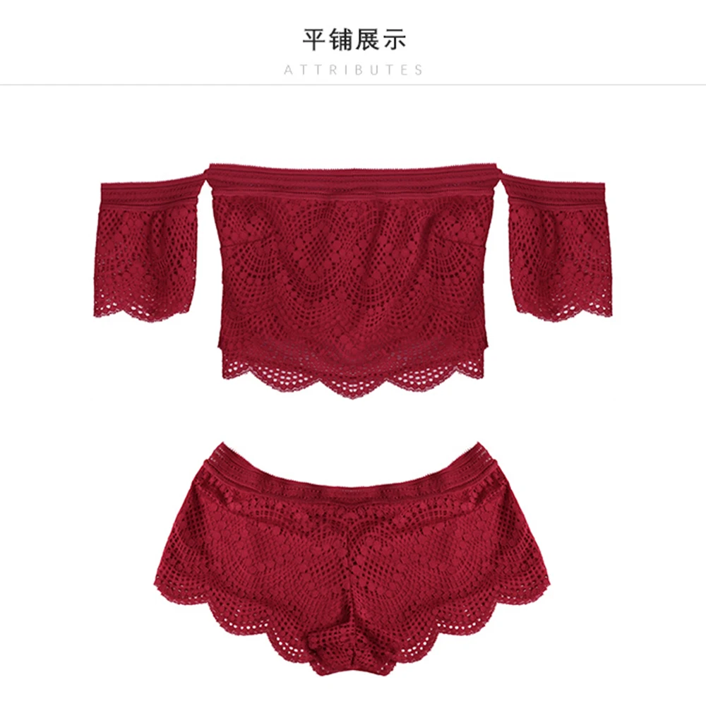 

CHOHILL Sexy word shoulder perspective pajamas set hollow lace short-sleeved strapless halter home service ladies Women