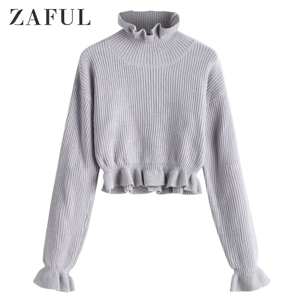 Женский Однотонный свитер с оборками ZAFUL повседневный короткий пуловер на осень