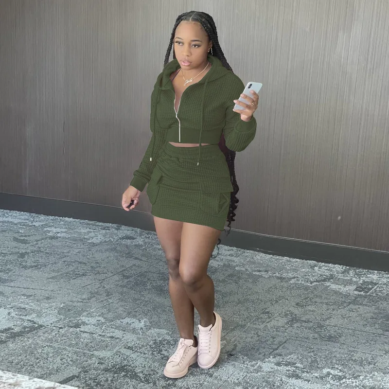 

High Elastic Women Solid Knitted Two-Piece Set Lady Zipper Drawstring Short Hoodies High Waist Mini Skirts Autumn Casual Outfits