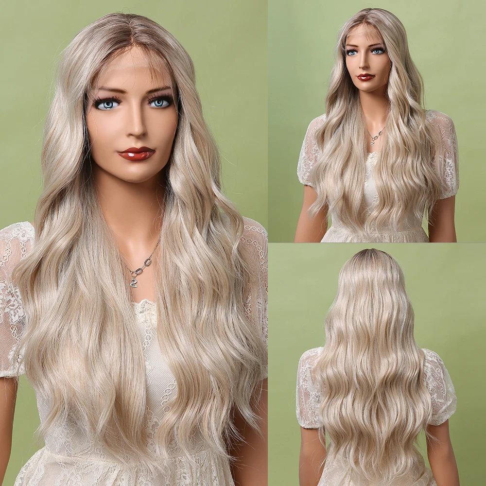 

EASIHAIR Long Water Wave Synthetic Lace Front Wigs Mixed Brown Blonde Ombre Middle Part Heat Resistant Cosplay Wigs for Women