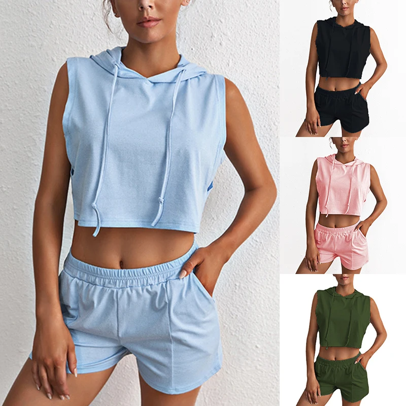 

Summer Women Sports Hooded Loose Yoga Running Fitness Sleeveless T-Shirt Pants Set Jogging Tank Tops Gym Workout Vest Hoodies
