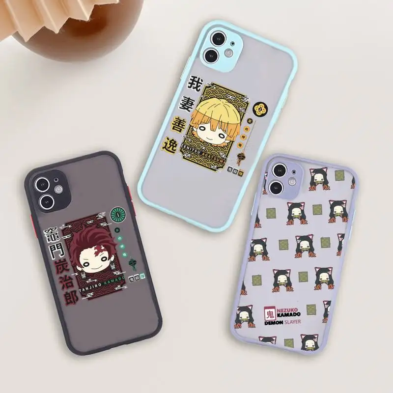 

Cute character of Demon Slayer Phone Case For iPhone 13 12 11 Mini Pro XR XS Max 7 8 Plus X Matte transparent blue Back Cover