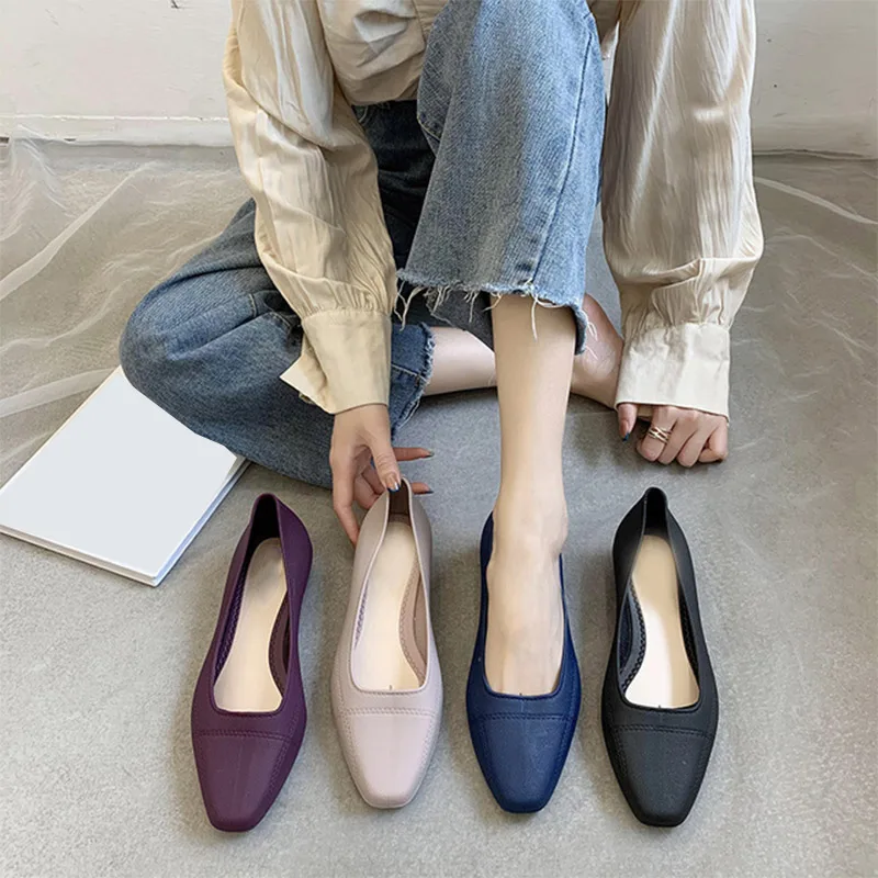 Rubber Shoes Women's Soft Soled Square Loafers Wedges Heel Pumps Slip On Toe Clogs Female Footwear 2021 Fashion Sandals Lady