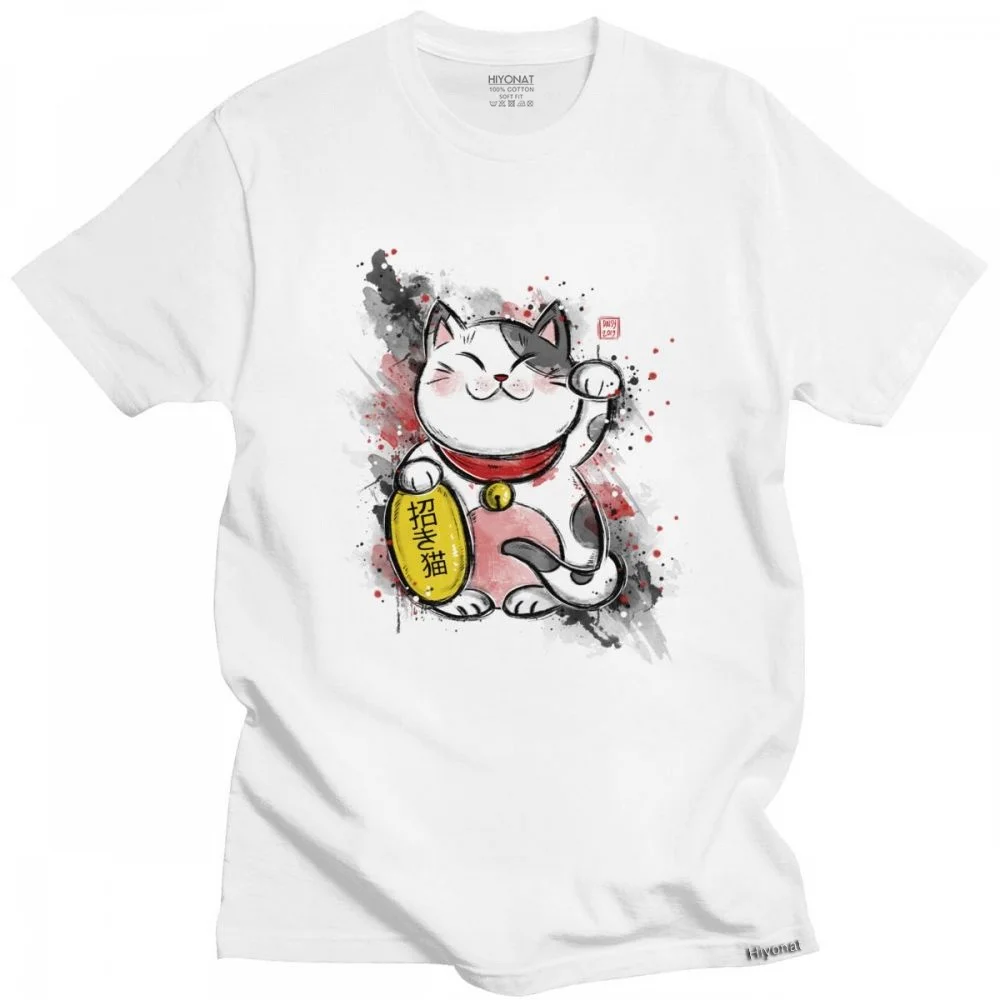 

Футболка Kawaii Maneki Neko, Мужская мягкая хлопковая Футболка с котом на удачу, модная футболка, футболка с короткими рукавами и принтом, одежда