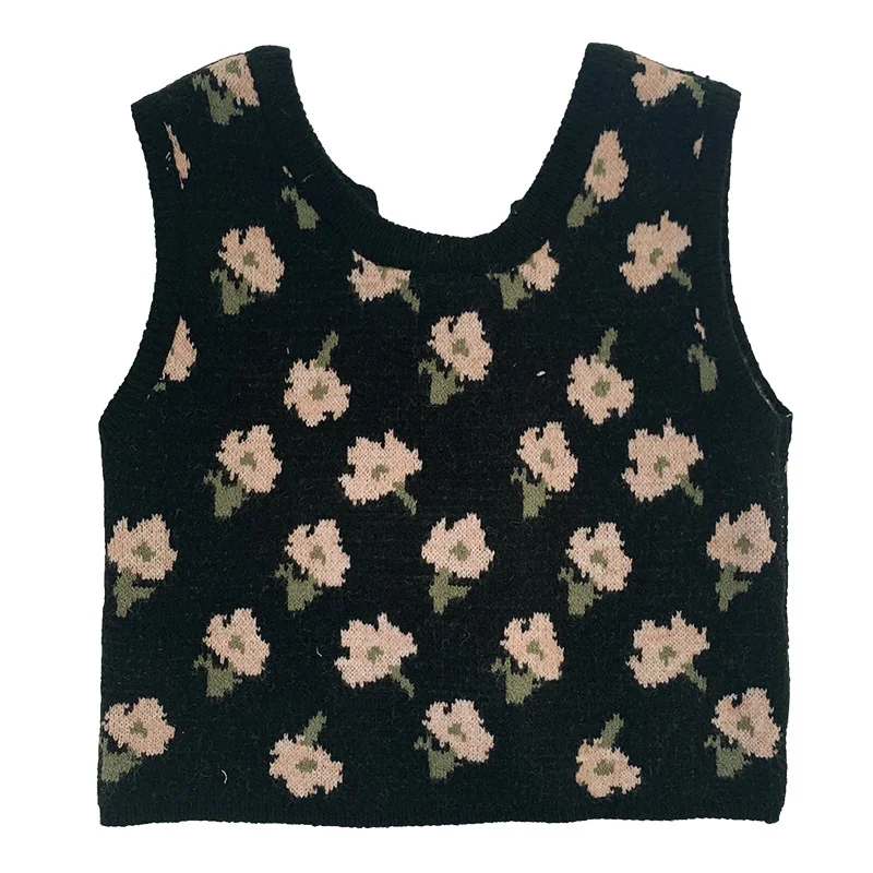 

Kimutomo Sweet Girls Knitted Vest Women O-neck Jacquard Hollow Back Lace-up Sleeve Short Tops Spring New Fashion Chic 2021