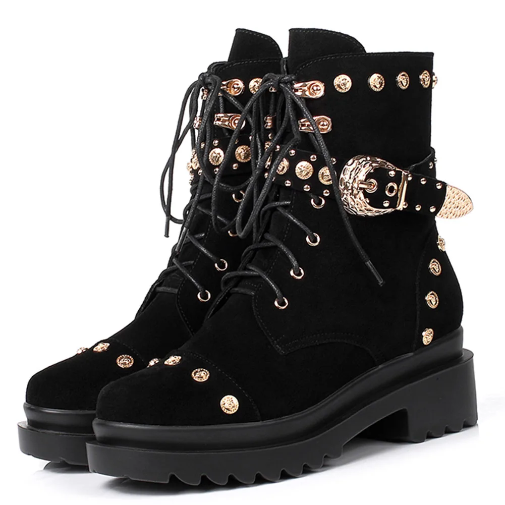 

High Heels Punk Style Brand New woman shoes Big Size 39 Cow Suede Metal Decoration Buckle Straps Autumn Winter Ankle Boots