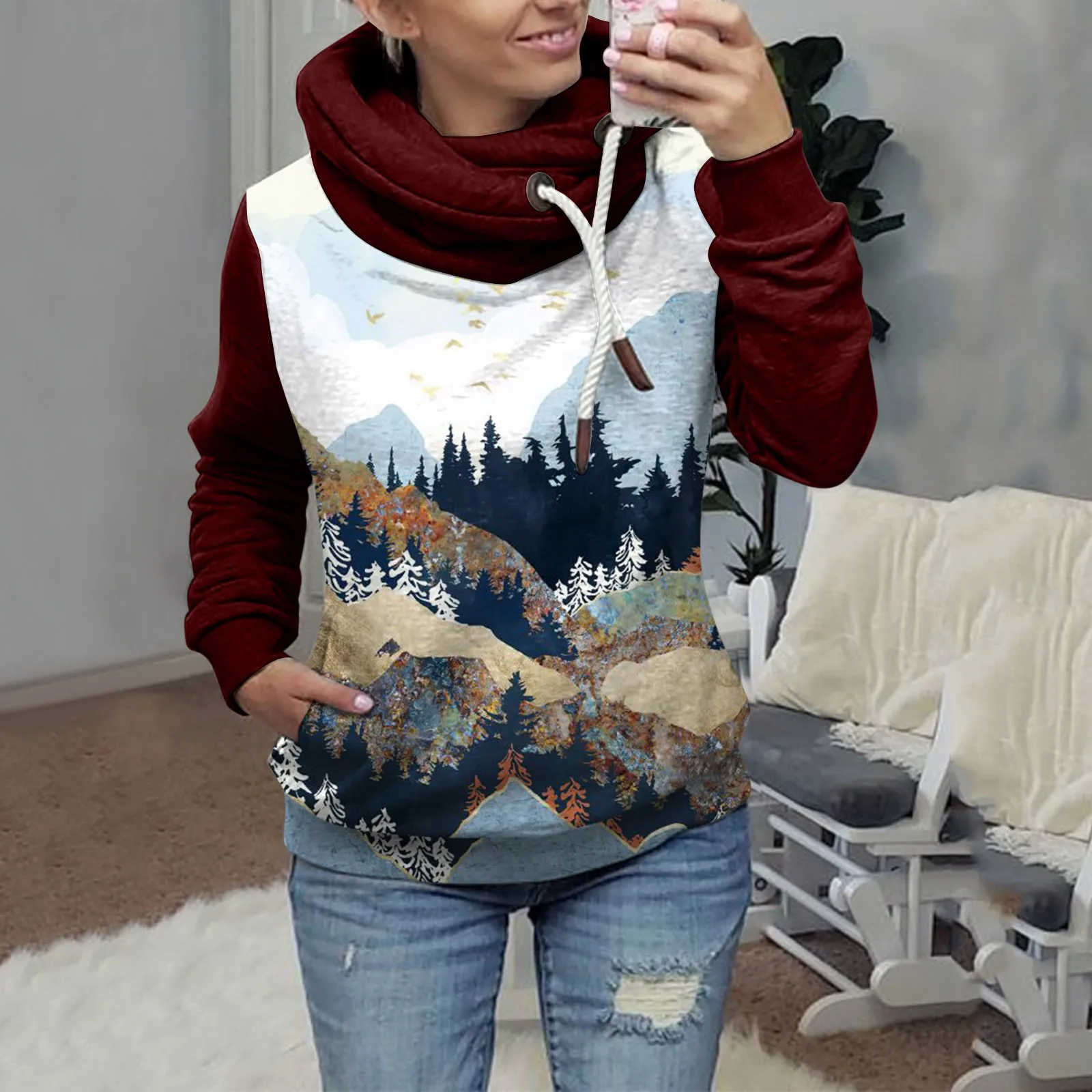 Пальто женское пейзажная живопись принты размера плюс толстовка контрастная