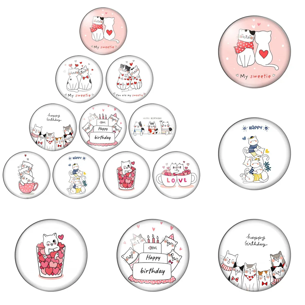 

12pcs/lot Sweet Lovely Cat Love Happy Birthday 8mm-30mm Round Photo Glass Cabochon Demo Flat Back Making Findings