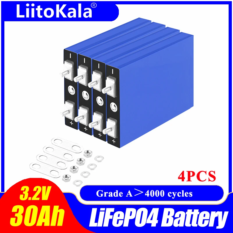 

4 шт., литий-железо-фосфатные аккумуляторные батареи LiitoKala 3,2 В, 30 Ач, LiFePO4, глубокие циклы для самостоятельной сборки, 12 В, 24 В, 36 В, 48 В, питание о...