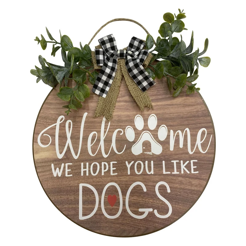 Welcome Sign Wreath Front Door Hanger With Bow We Hope You Like Dogs Round Outdoor Vertical Hanging Decor | Дом и сад