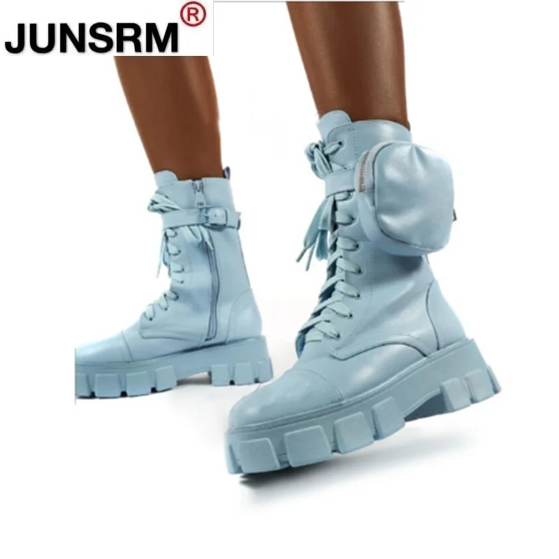 

Chunky Boots Fashion Pocket Platform Boots Women Lace Up Ankle Boots Female Sole Pouch Ankle Boots Women Botas Mujer Plus Size