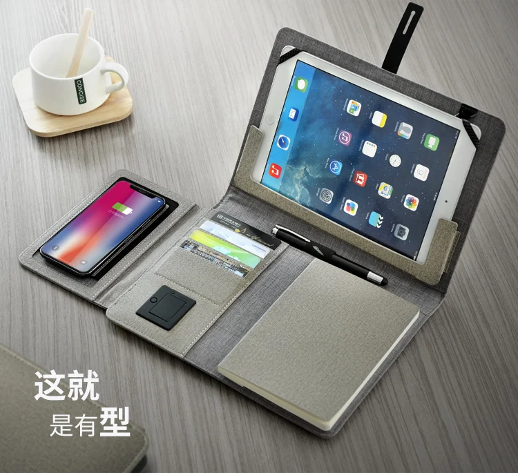 Бизнес Путешествия B5 сумка менеджера портативный padfolio ноутбук с power bank зарядное устройство провода и беспроводной зарядки iPad замок