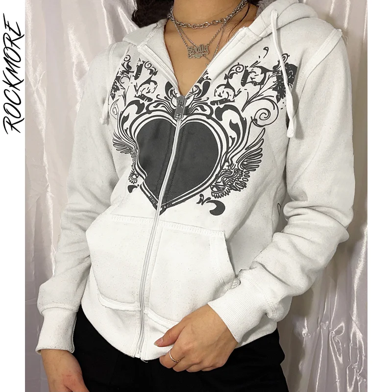 

Rockmore Print Hoodie Jacket Women Autumn Hooded Sweatshirts Harajuku Zip Up Overcoat Korean Casual Coat Retro Grunge Fairycore