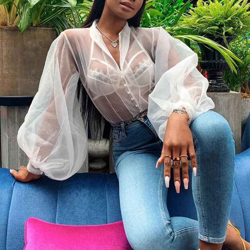 

Transparent buttoned mesh long sleeve t shirt women tops Lantern sleeve turn down see through top summer 2019 Blusas mujer