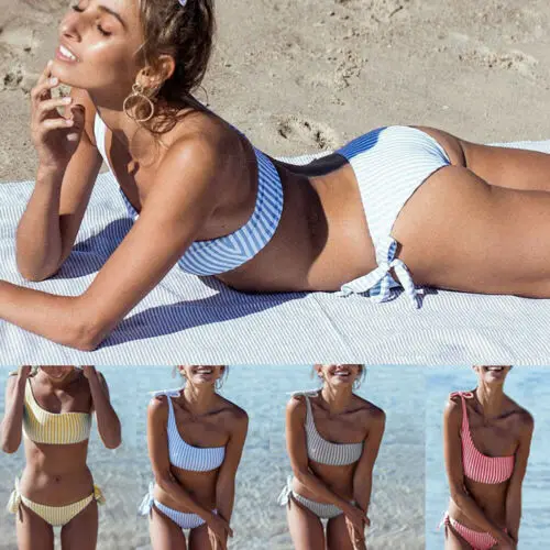 

Новинка 2020, женский купальник в полоску, Женский комплект бикини, бандо, на одно плечо, бандаж, пуш-ап, мягкие бикини, купальники