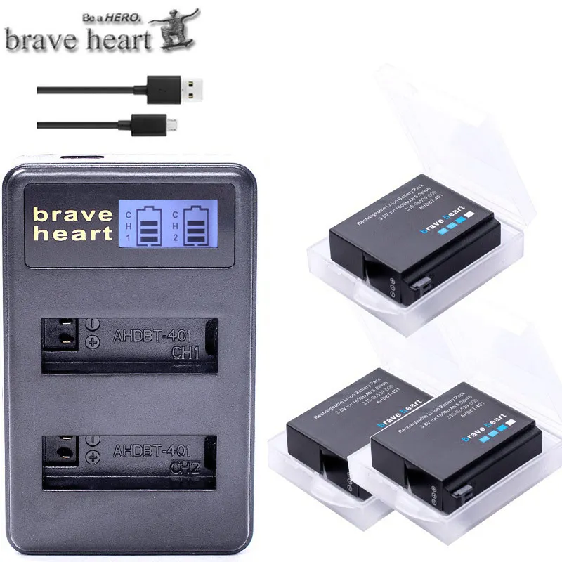 charger and 3battery 6 шт Gopro 4 батарея AHDBT-401+ lcd двойное USB зарядное устройство для Gopro Hero 4 батареи Go Pro Hero4 bateria AHDBT 401 Экшн-камера - Цвет: charger and 3battery