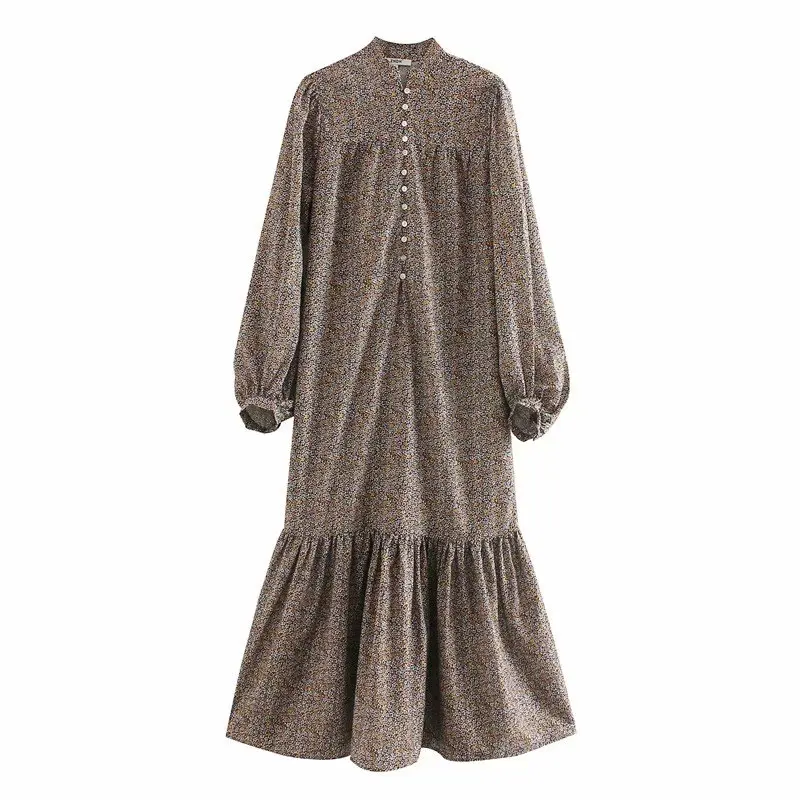 Женское винтажное платье миди с воротником стойкой и рукавами фонариками