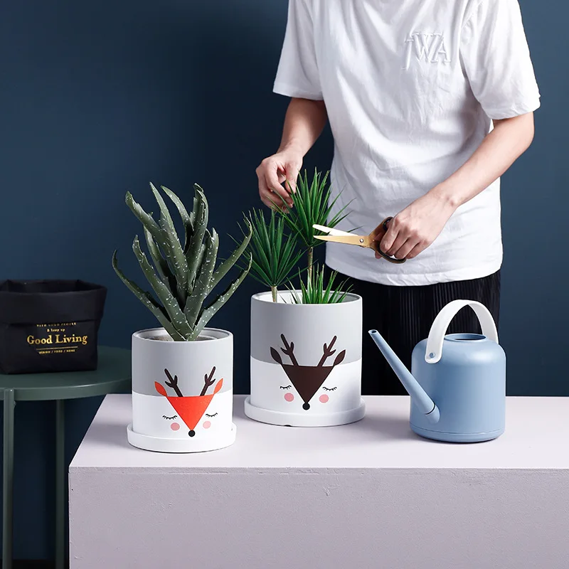 Домашние керамические цветочные горшки с милым оленем мясистые зеленые для