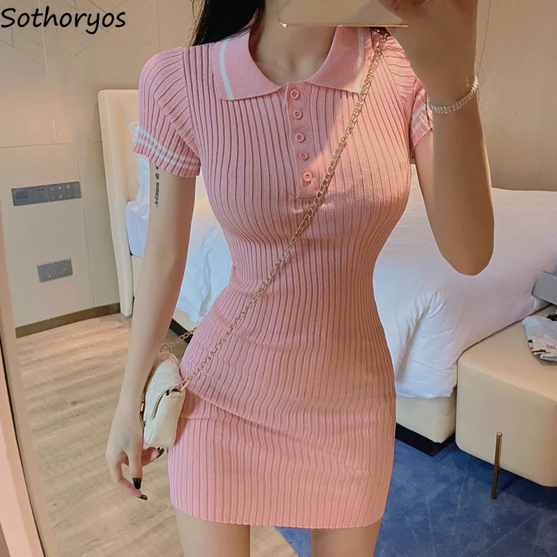 

Women Mini Dresses Short Sleeve Turn-down Collar Stylish Hot Sweet Korean Style Knitting Simple Daily All-match Female Leisure