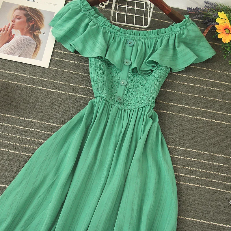 

Sexy Slash Neck Single-breasted Women Party Dress Casual High Waist Ruffles Short Sleeve A-line Green/Blue Dresses Summer 2021