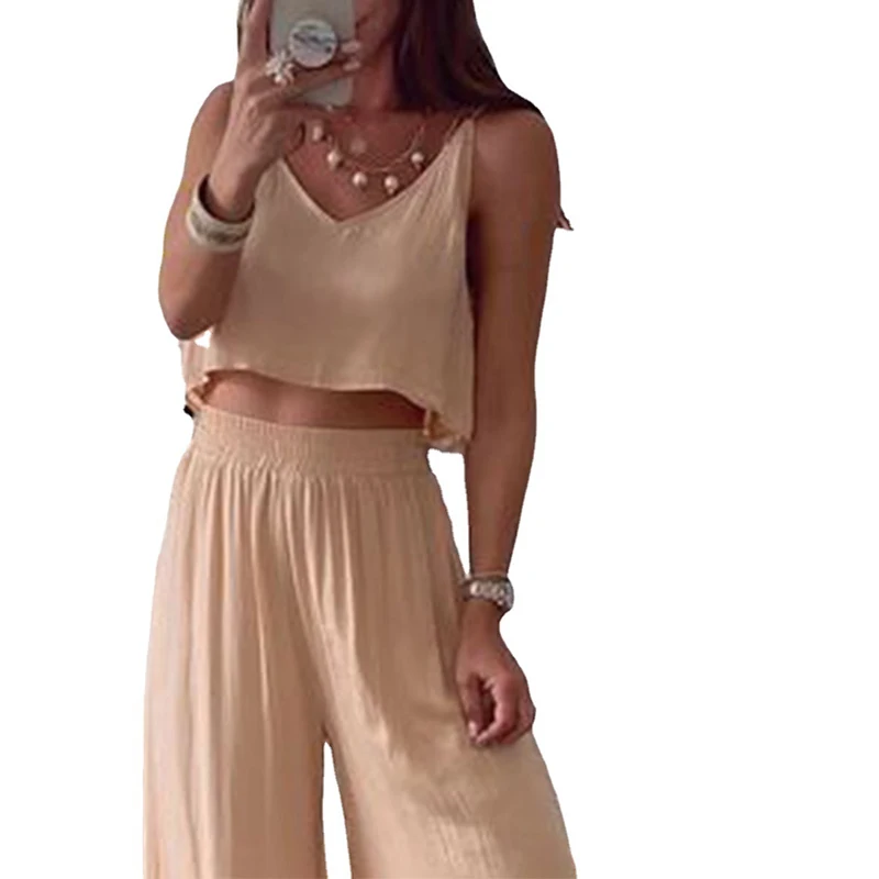 

Women Sexy Sleeveless Backless Homewear Two Piece Set Summer Fashion Elegant Straps Top And Wide Leg Pants Suit Outfit Plus Size
