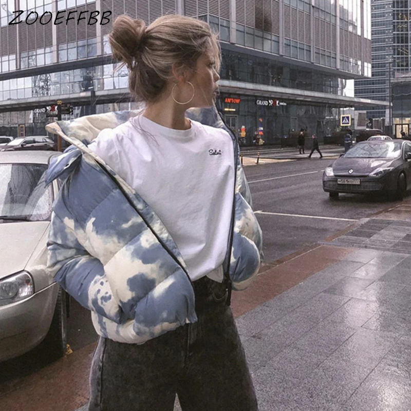 

ZOOEFFBB Casual Tie Dye Bubble Coat Fashion 2020 Winter Jacket for Women Hooded Outwear Warm Puffer Cropped Jacket Down Parkas