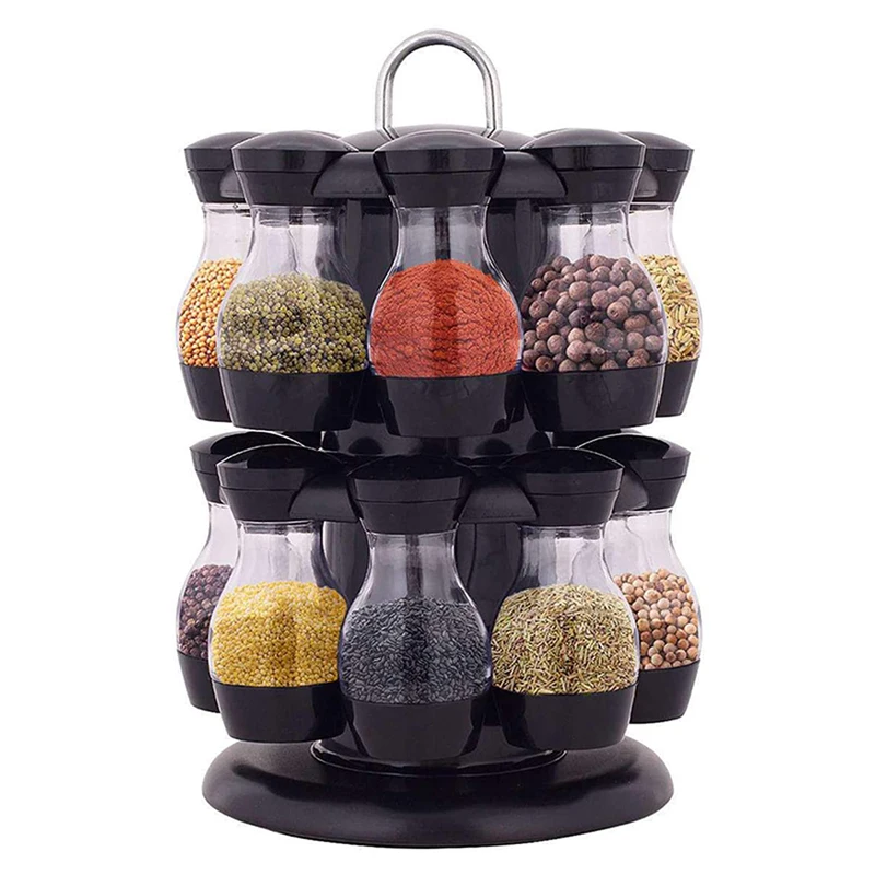 

Spice Jar Set with Rack 360 Rotating, Stainless Steel Handle Transparent Bottle for Different Condiment Preserves Treats