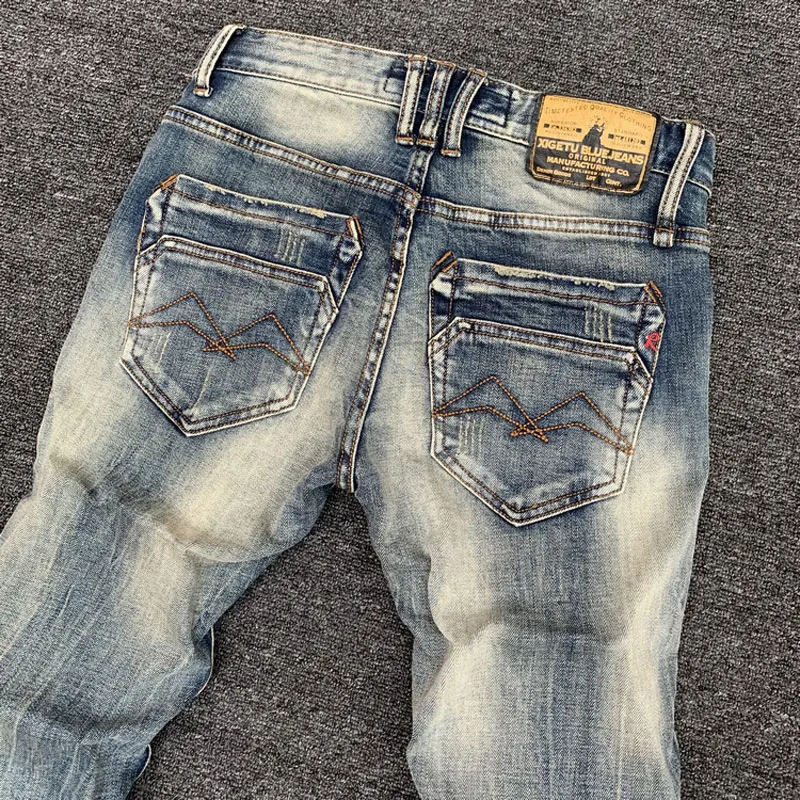European Vintage Fashion Men Jeans High Quality Elastic Slim Fit Casual Cotton Jeans Men Distressed Retro Designer Denim Pants