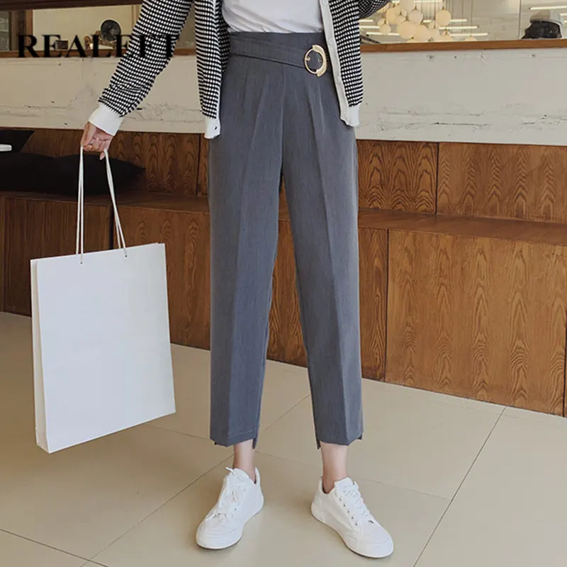 Женские повседневные брюки с поясом REALEFT деловые прямые высокой талией Новинка
