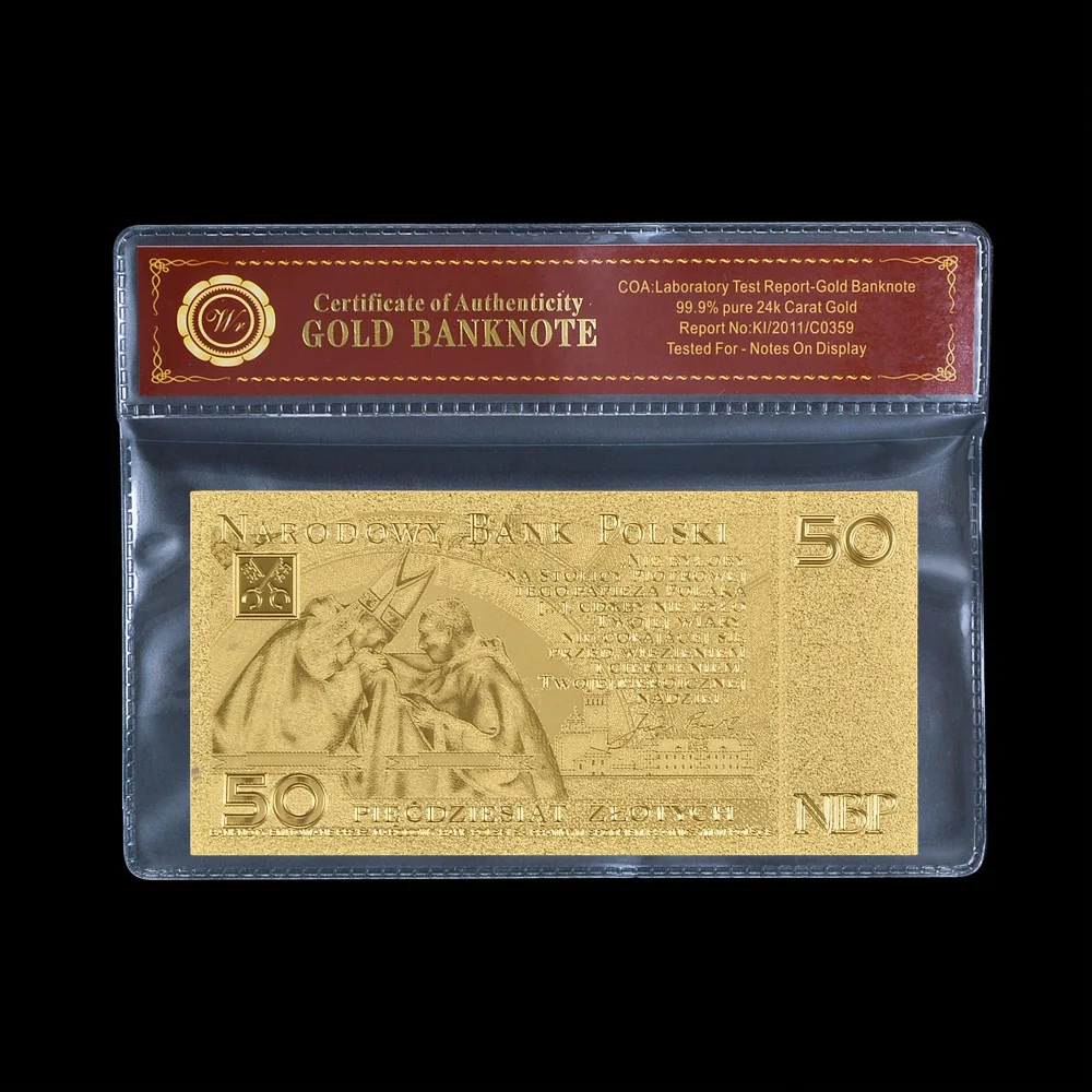 Золотая банкнота Папы Иоанна Павла II 50 злотых в польском стиле для коллекции 999