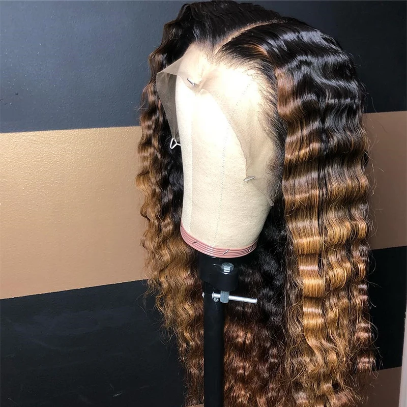Омбре коричневый цвет волна Кружева часть человеческих волос парики с детскими