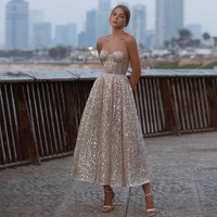 new glitter pink sequins evening dress sweetheart backless tea length bridal gowns shiny 2021 party formal wear robe de soriee