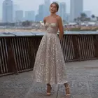 Женское вечернее платье до середины икры, розовое блестящее платье с открытой спиной и блестками, платье невесты для вечеринки, 2021