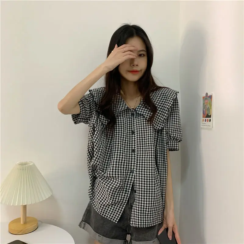 

Plaid Blouses Women Button Up Peter Pan Collar Design All-match Sweet Preppy Style Baggy Puff Short Sleeve Shirts Summer Student