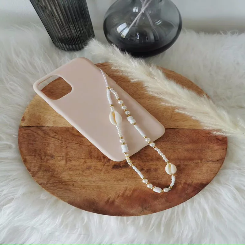 boho pearl shell crystal mobile phone charm chain strap for women girl luxury stone telephone case jewelry anti lost rope new free global shipping