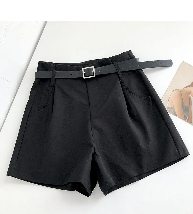 

Summer Korean solid color high waist casual shorts with belt