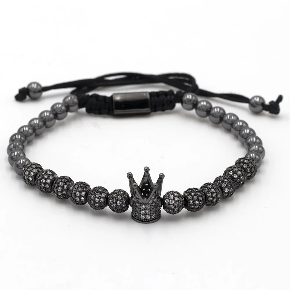6mm CZ ball black Мода роскошный Римский Королевский браслет с шармом с короной для мужчин Золотой Плетеный Регулируемый мужской браслет для хип хоп ювелирный подарок - Metal Color: 6mm CZ ball black