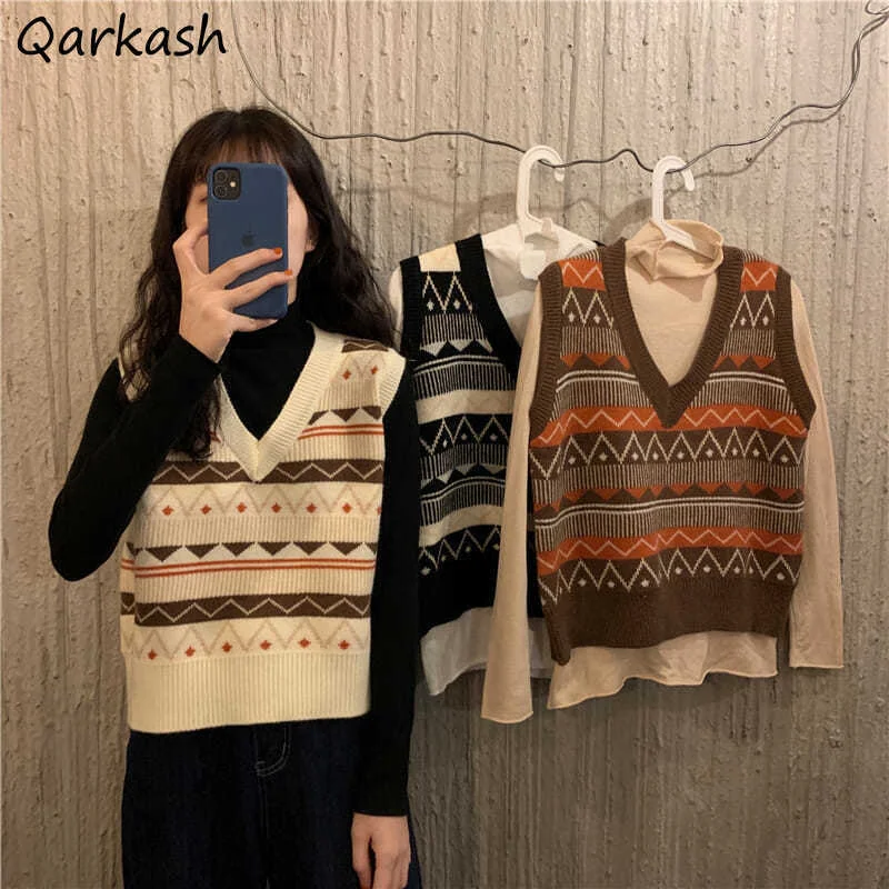 

Vintage Sweater Vest Women All-match Fall V-neck Patchwork Harajuku Students Preppy Style Streetwear Korean Fashion Loose Daily