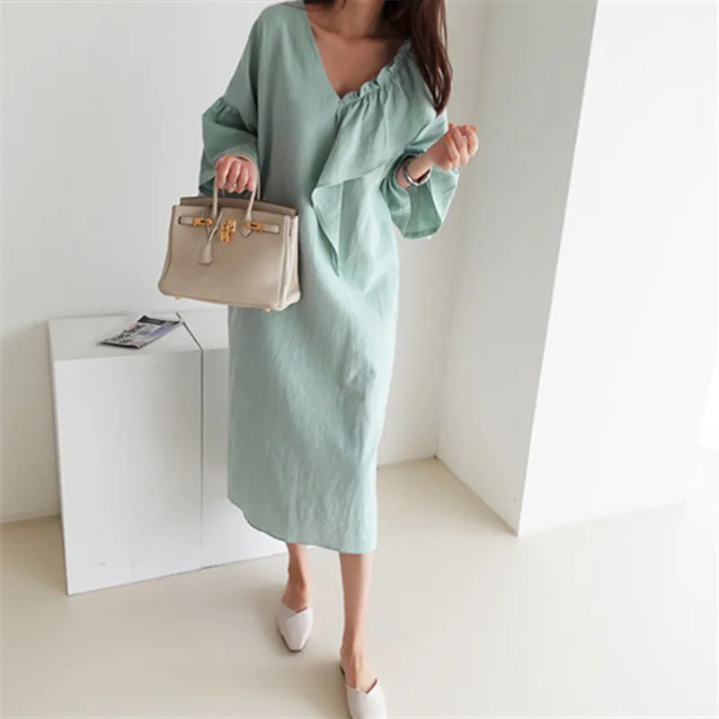 

Cotton Linen Dress For Women 2020 Spring Summer New Sweet Beauty Ruffled Loose V-neck One-step Solid Color Dresses Female JD1116