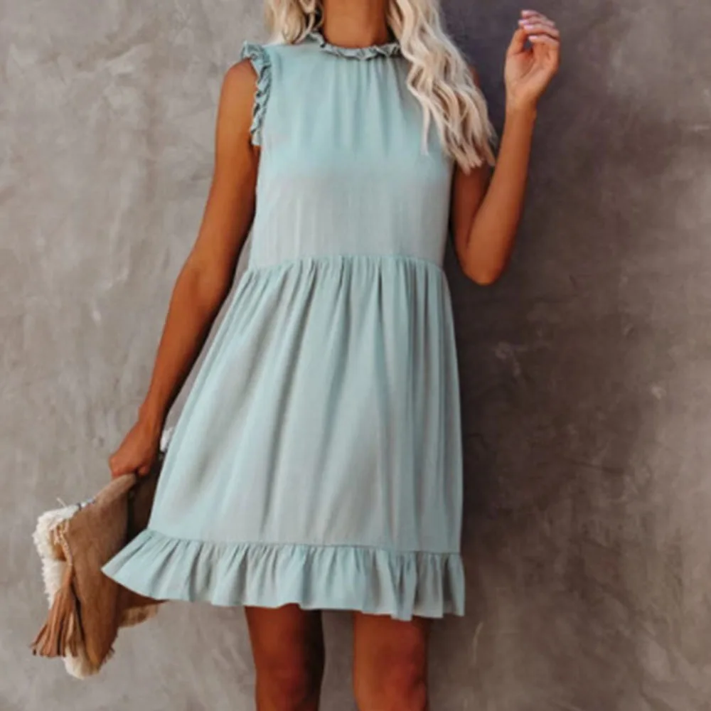 

2021 Western Style Fashion Casual Summer Dress Simple Designer Thin Popular Loose Pleated Solid Color Round Neck