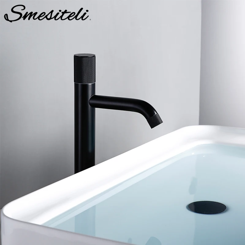 

Smesiteli Basin Faucet Matte Black Brass Hot And Cold Mixer Tap Bathroom Knurling Design Single Handle Sink Faucet