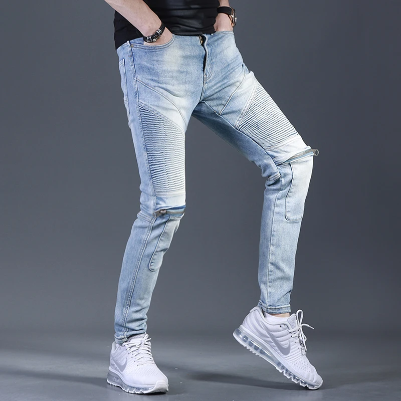 Summer Men's Light Blue Biker Jeans Fashion Slim Fit Denim Pants