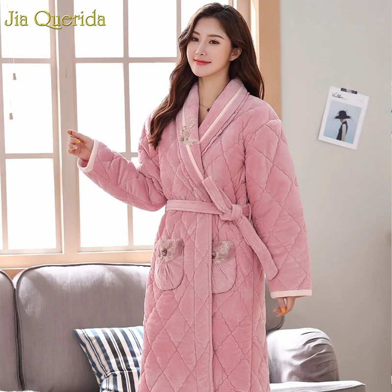 Бархатный халат с вышивкой женское качественное ночное белье 3 слоя флиса